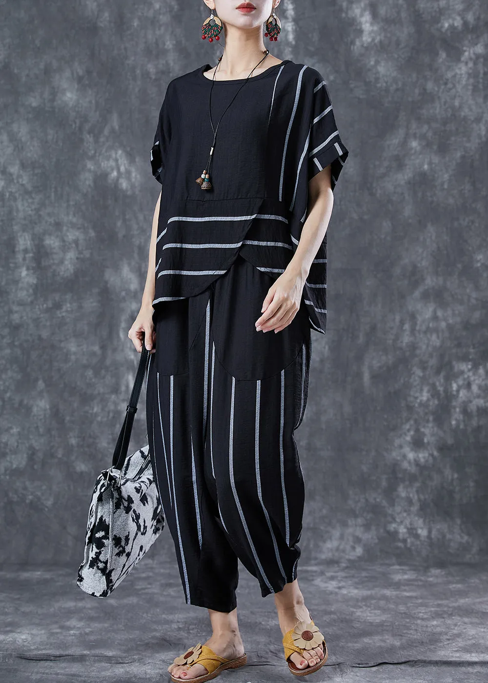 Black Striped Linen Two Pieces Set Oversized Asymmetrical Design Summer LY5642