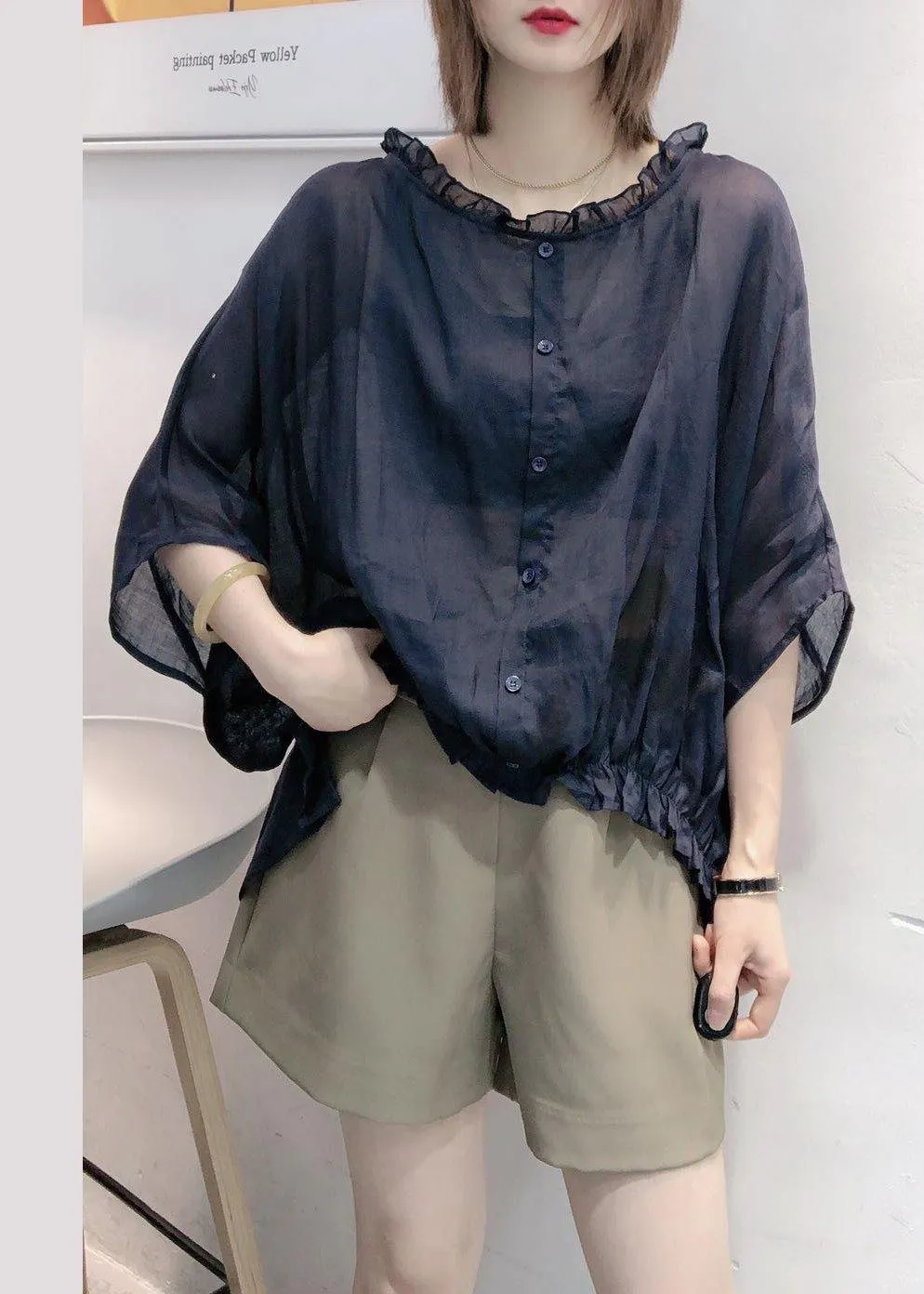 Black  Tops Ruffles Trim Half Sleeve Shirts Blouse Plus Size