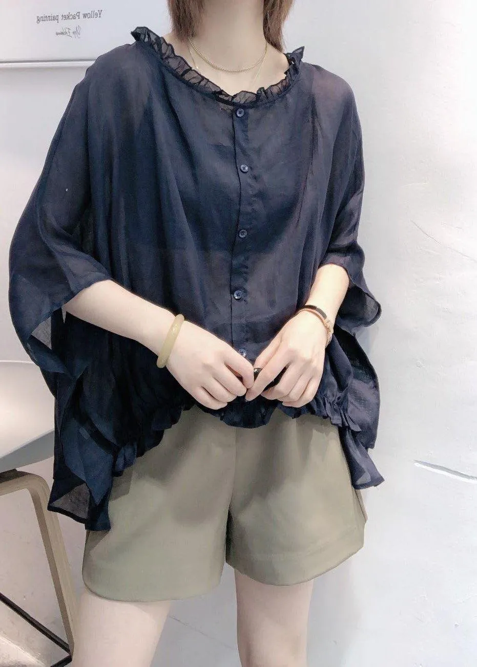 Black  Tops Ruffles Trim Half Sleeve Shirts Blouse Plus Size
