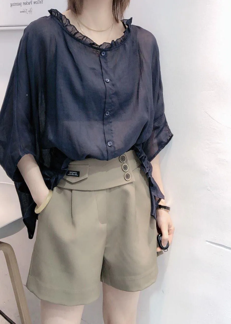 Black  Tops Ruffles Trim Half Sleeve Shirts Blouse Plus Size