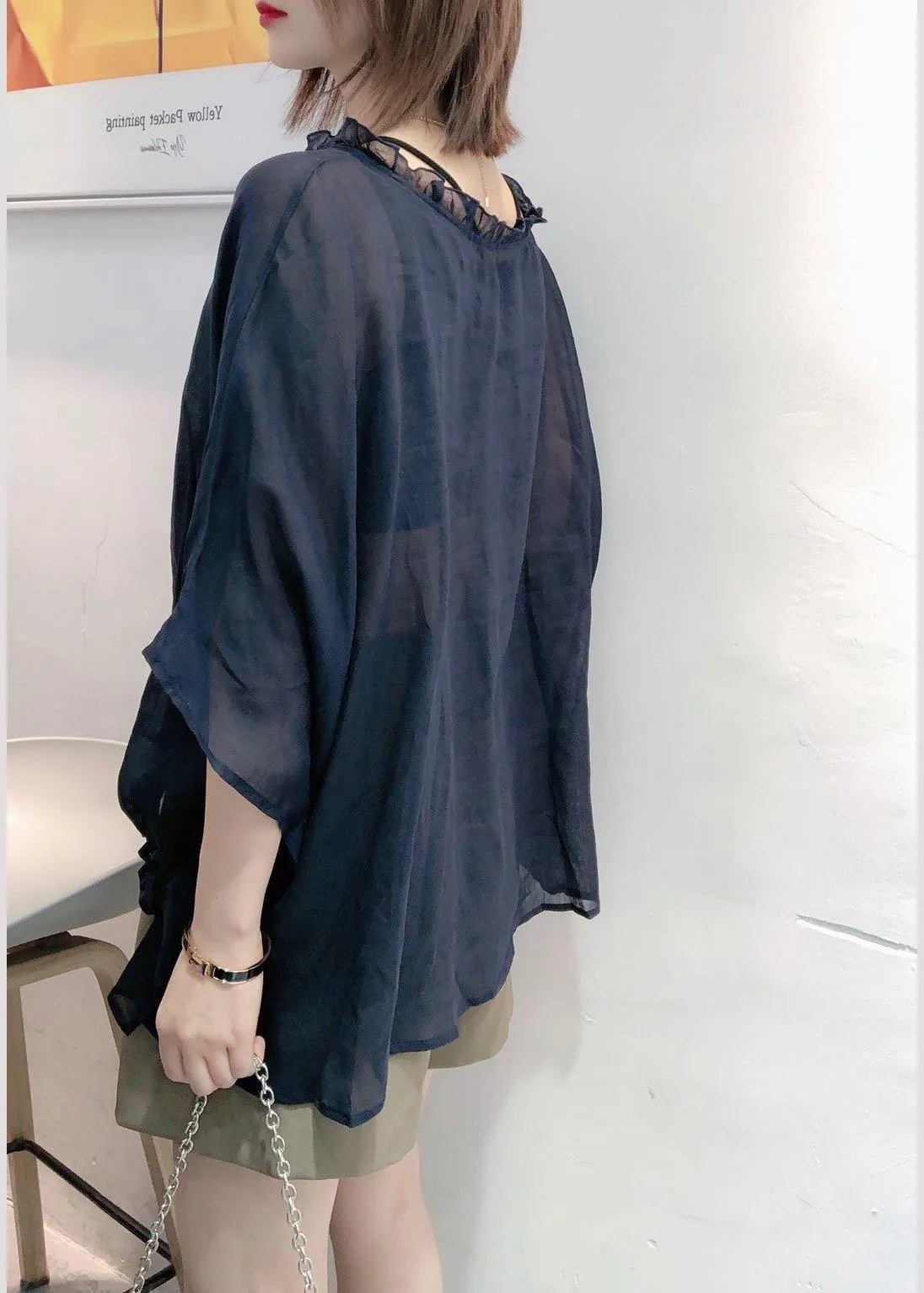Black  Tops Ruffles Trim Half Sleeve Shirts Blouse Plus Size