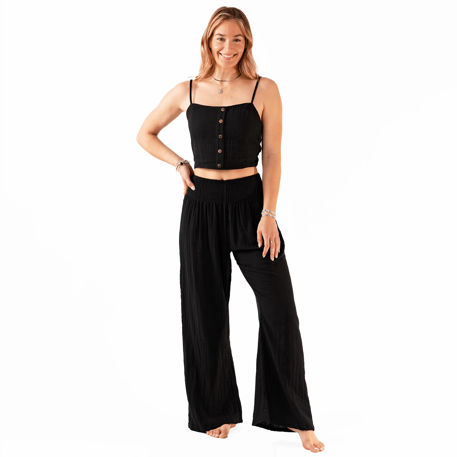Black Cotton Crop Top & Wide Leg Pants Lounge Set Easy to Wear summer look