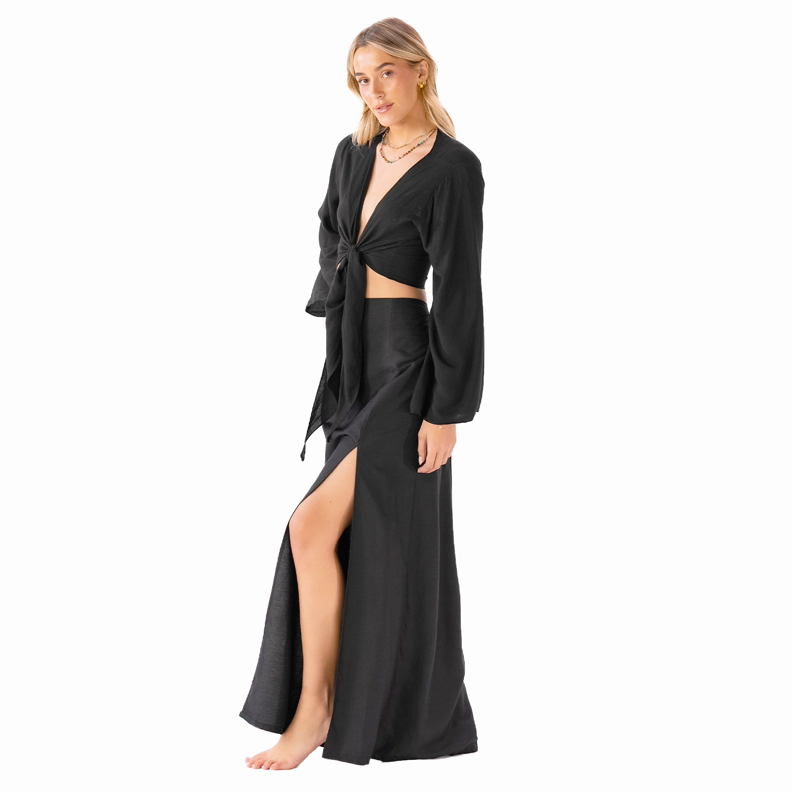 Subtle Texture Weave Recycled Polyester Fabric Black Daydreamer   Rayon Maxi Skirt Set