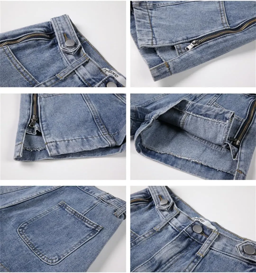Blue Denim Shorts for Women 3 Button Streetwear Zipper Wide Leg High Waisted Shorts
