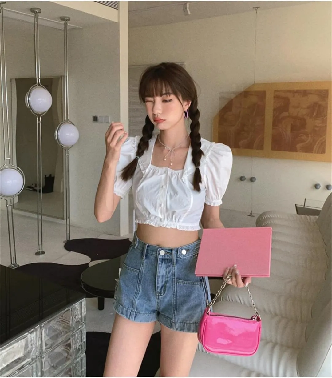 Blue Denim Shorts for Women 3 Button Streetwear Zipper Wide Leg High Waisted Shorts