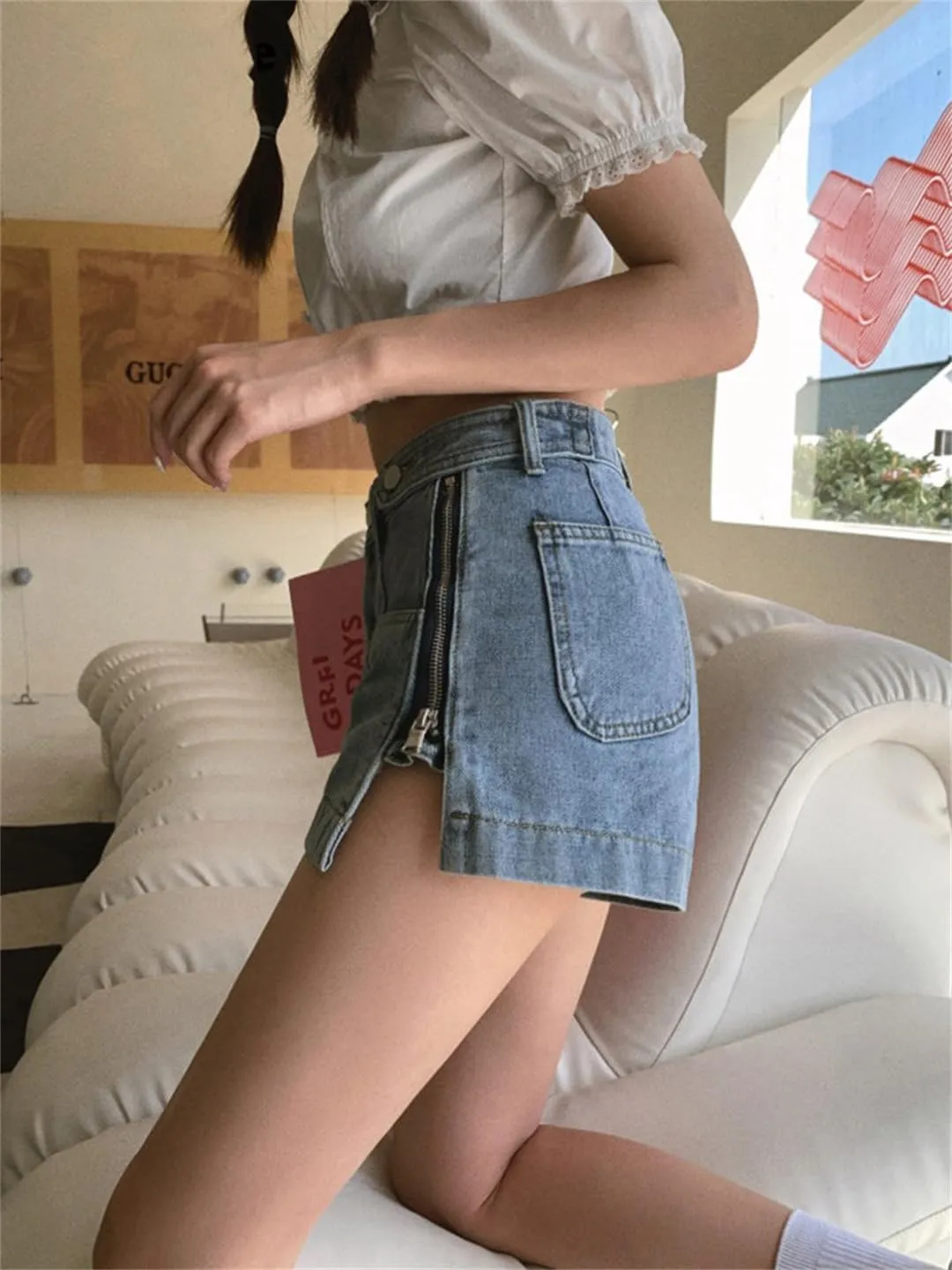 Blue Denim Shorts for Women 3 Button Streetwear Zipper Wide Leg High Waisted Shorts