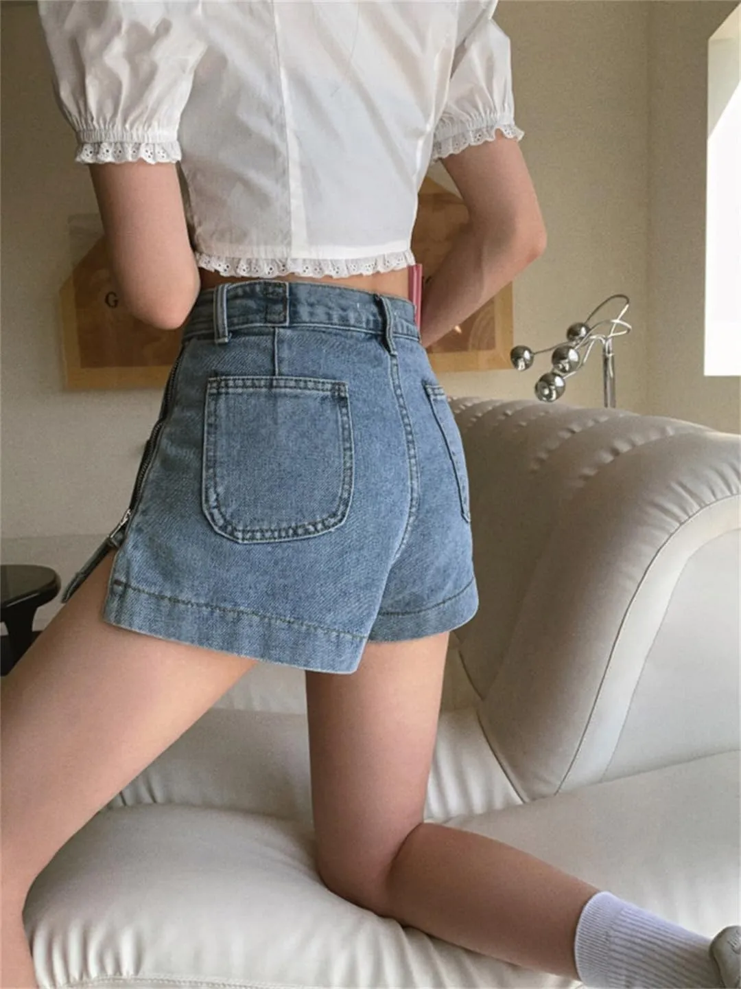 Blue Denim Shorts for Women 3 Button Streetwear Zipper Wide Leg High Waisted Shorts