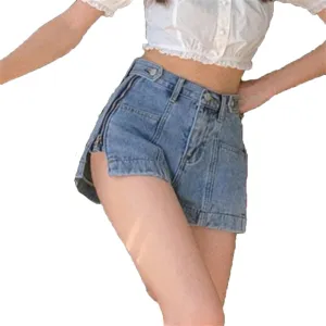 Blue Denim Shorts for Women 3 Button Streetwear Zipper Wide Leg High Waisted Shorts