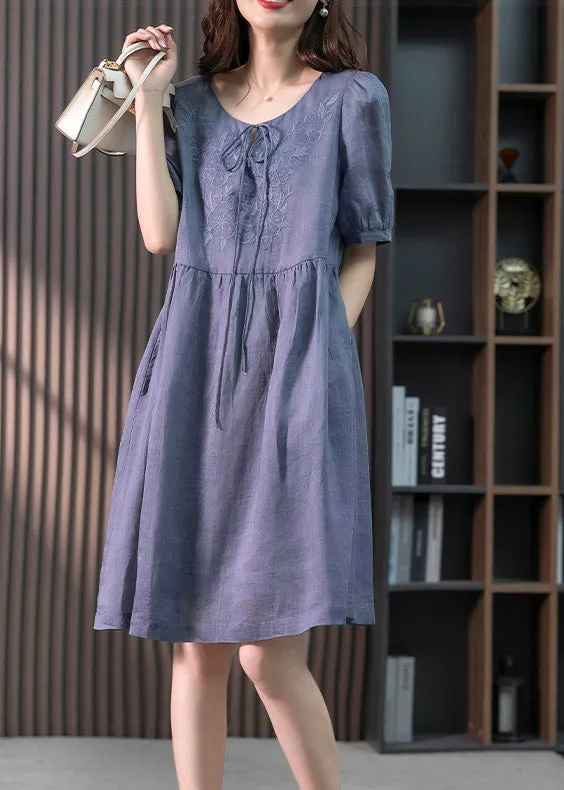 Blue Patchwork Neck Tie Linen Maxi Dresses Short Sleeve LY1754