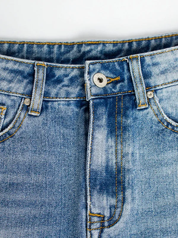 Blue Zone Planet |  Irregular fringed ripped butt-lifting denim midi skirt