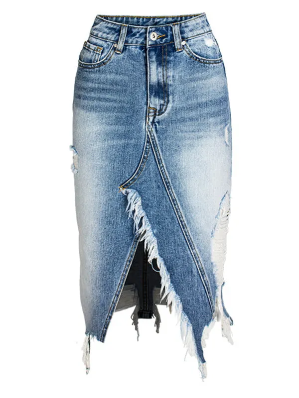 Blue Zone Planet |  Irregular fringed ripped butt-lifting denim midi skirt