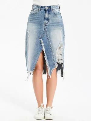 Blue Zone Planet |  Irregular fringed ripped butt-lifting denim midi skirt