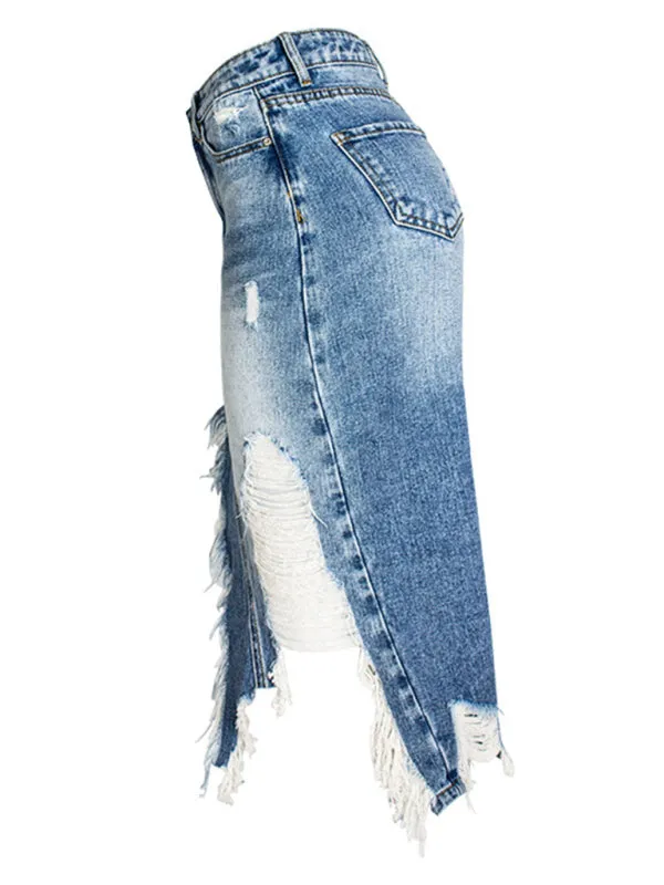 Blue Zone Planet |  Irregular fringed ripped butt-lifting denim midi skirt