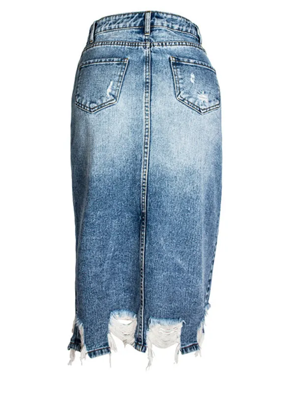 Blue Zone Planet |  Irregular fringed ripped butt-lifting denim midi skirt