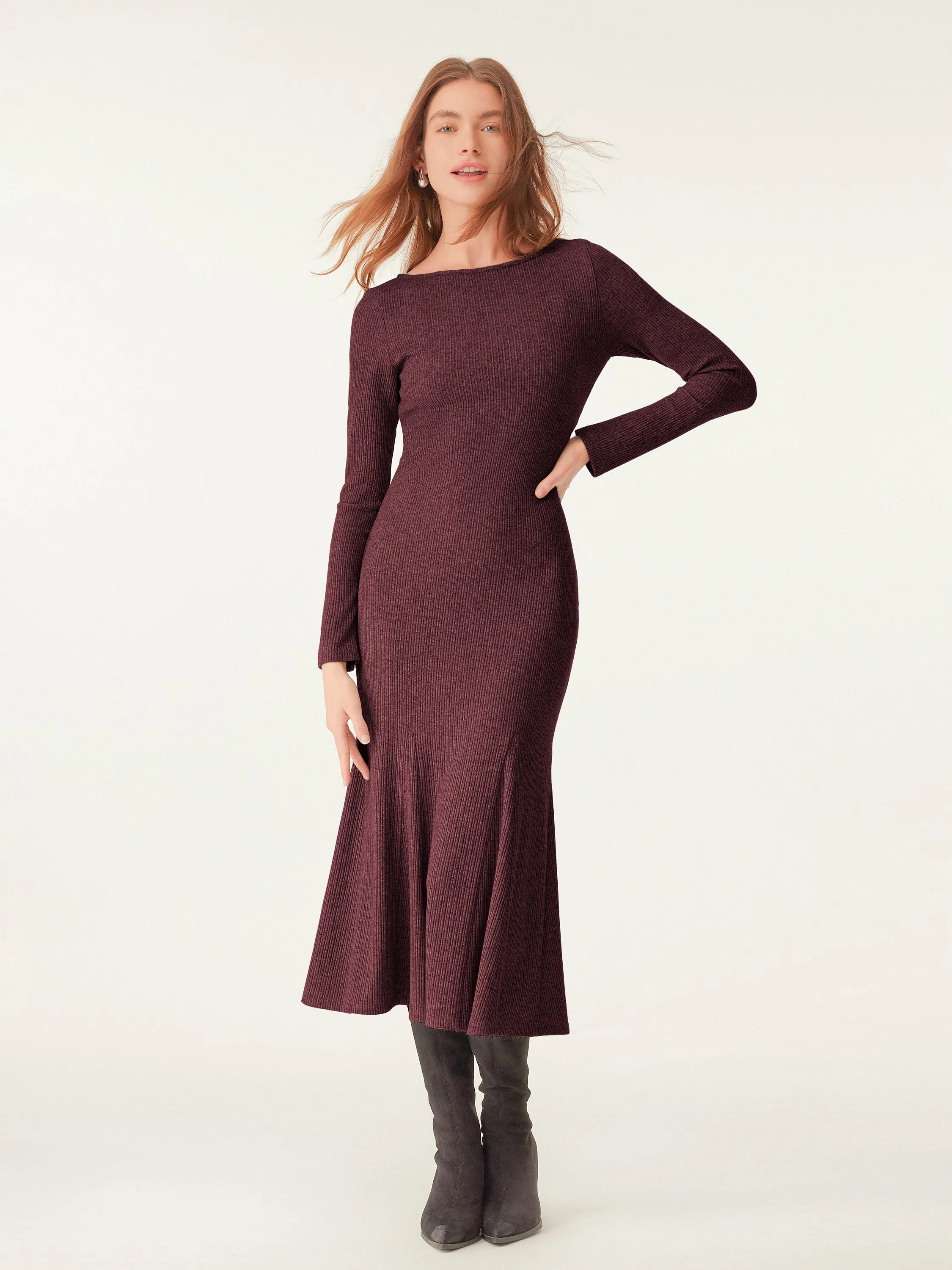 Smart Layer Off-Shoulder Boatneck Flare Midi Dress