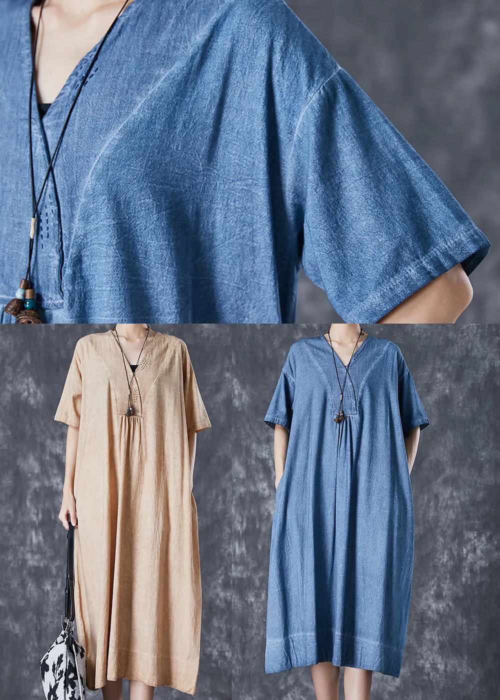 Bohemian Khaki V Neck Pockets Linen Long Dress Summer LY7115
