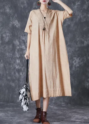 Bohemian Khaki V Neck Pockets Linen Long Dress Summer LY7115