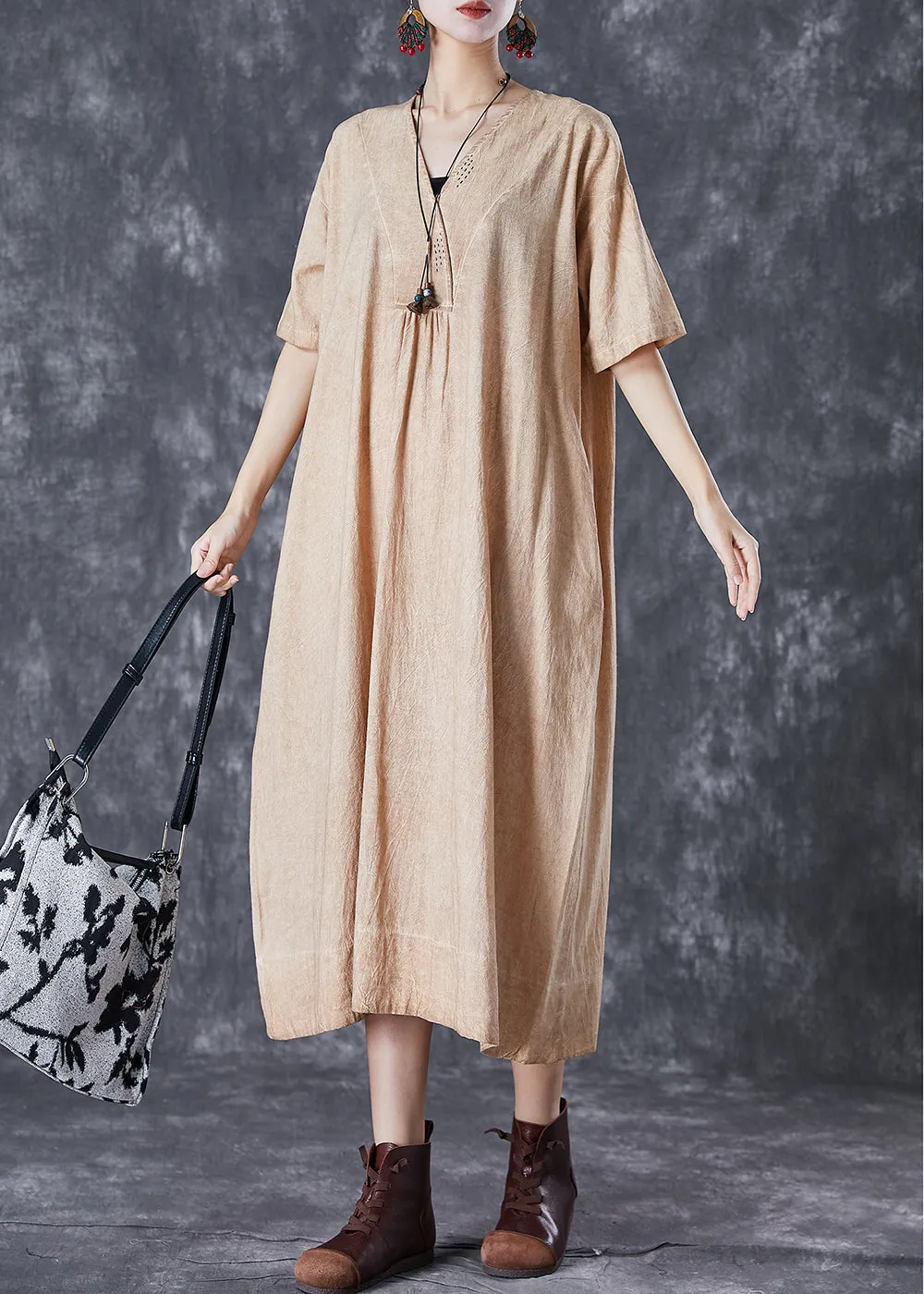 Bohemian Khaki V Neck Pockets Linen Long Dress Summer LY7115