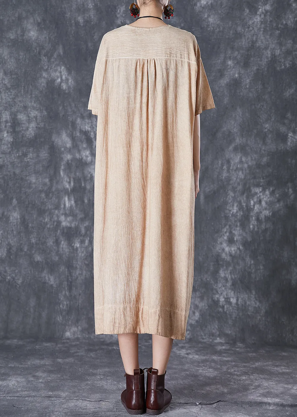 Bohemian Khaki V Neck Pockets Linen Long Dress Summer LY7115
