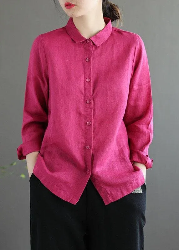 Bohemian Pink Loose Casual Button Summer Linen Long Sleeve Blouse Top