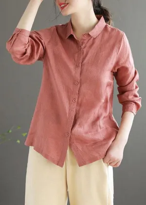 Bohemian Pink Loose Casual Button Summer Linen Long Sleeve Blouse Top