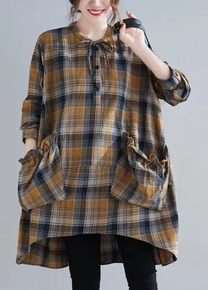 Bohemian Plaid Shirts O Neck Asymmetric Plus Size Clothing Spring Top