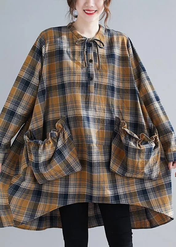 Bohemian Plaid Shirts O Neck Asymmetric Plus Size Clothing Spring Top