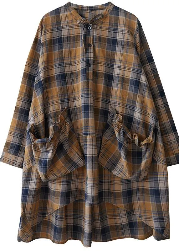 Bohemian Plaid Shirts O Neck Asymmetric Plus Size Clothing Spring Top