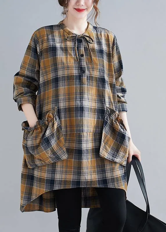 Bohemian Plaid Shirts O Neck Asymmetric Plus Size Clothing Spring Top