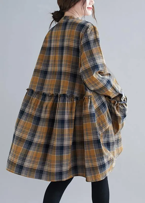 Bohemian Plaid Shirts O Neck Asymmetric Plus Size Clothing Spring Top
