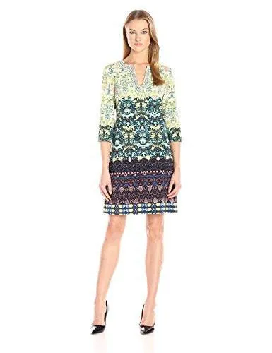 BoHo Beaded Neck Mixed Print Sheath Dress, Clover Multi, 10