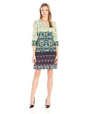 BoHo Beaded Neck Mixed Print Sheath Dress, Clover Multi, 10