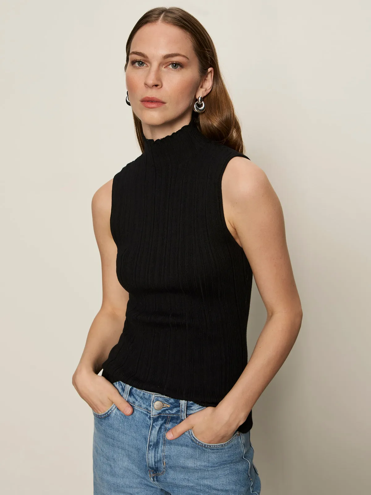 Ribbed Funnel Neck Top Black Soft Design Quick Fit Comfort