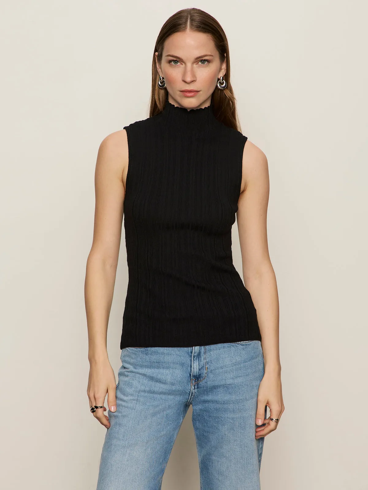 Ribbed Funnel Neck Top Black High Durability Weave spring fashion