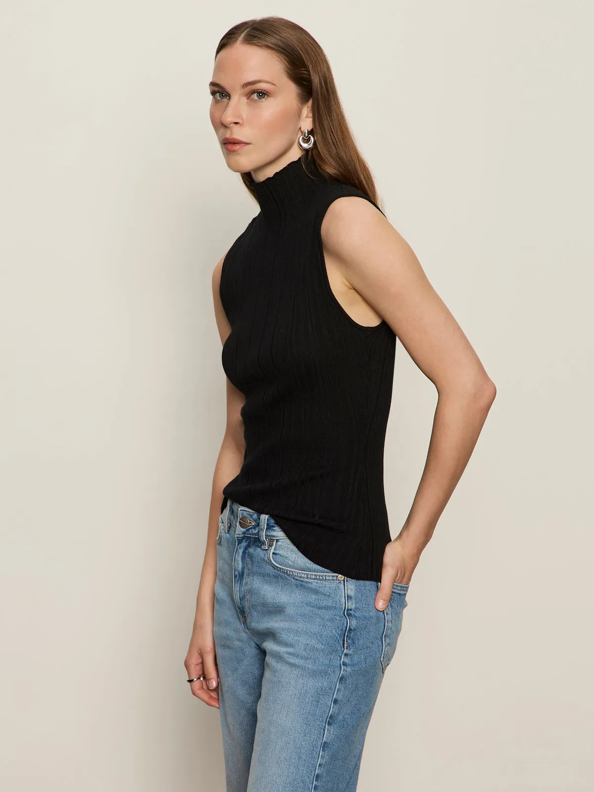 Ribbed Funnel Neck Top Black Foam Print Detail Quick Comfort Fit
