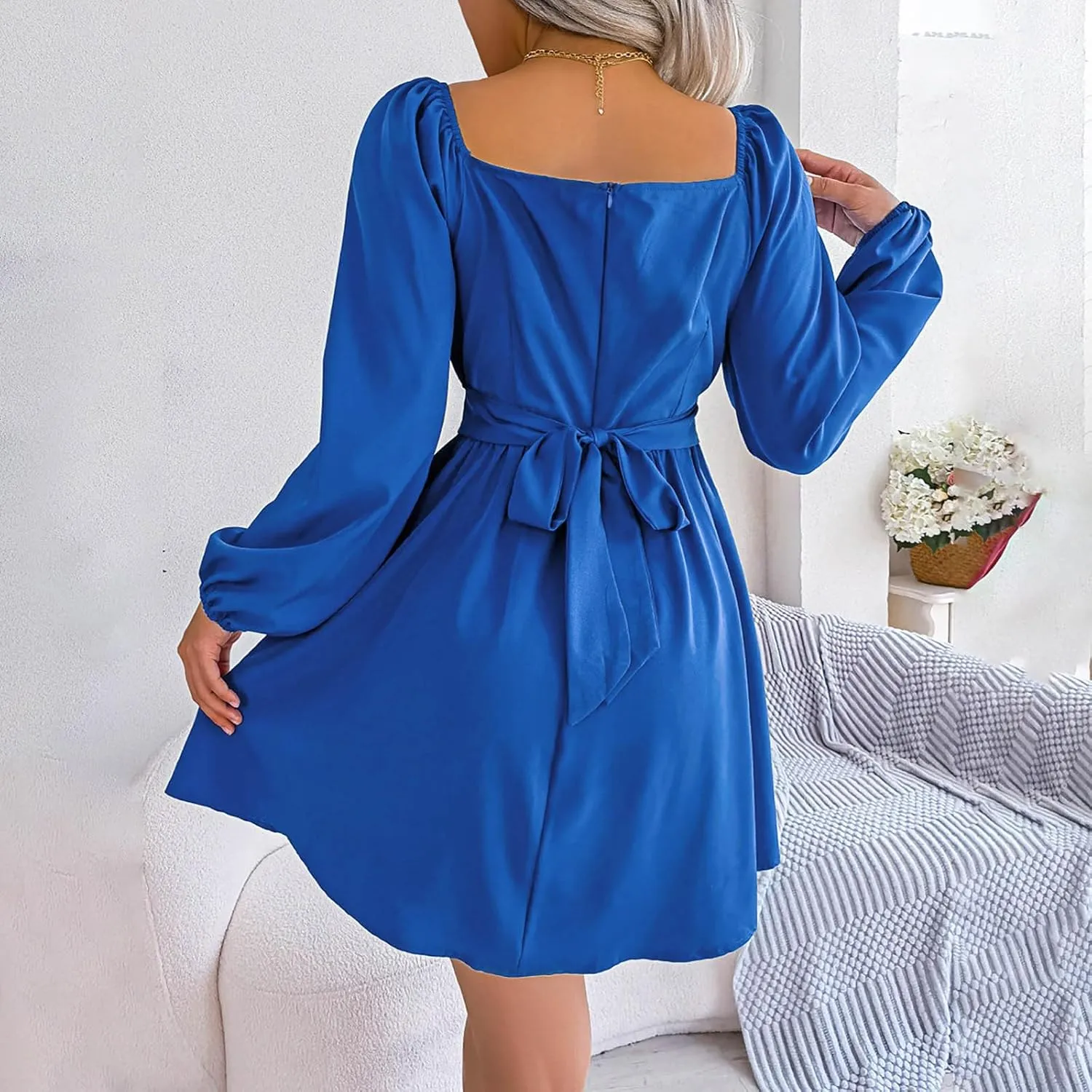 Boho Dresses for Women 2024 Women's midi Dresses with Sleeves Casual Square Neck Shift Dress Flowy Swing Dress