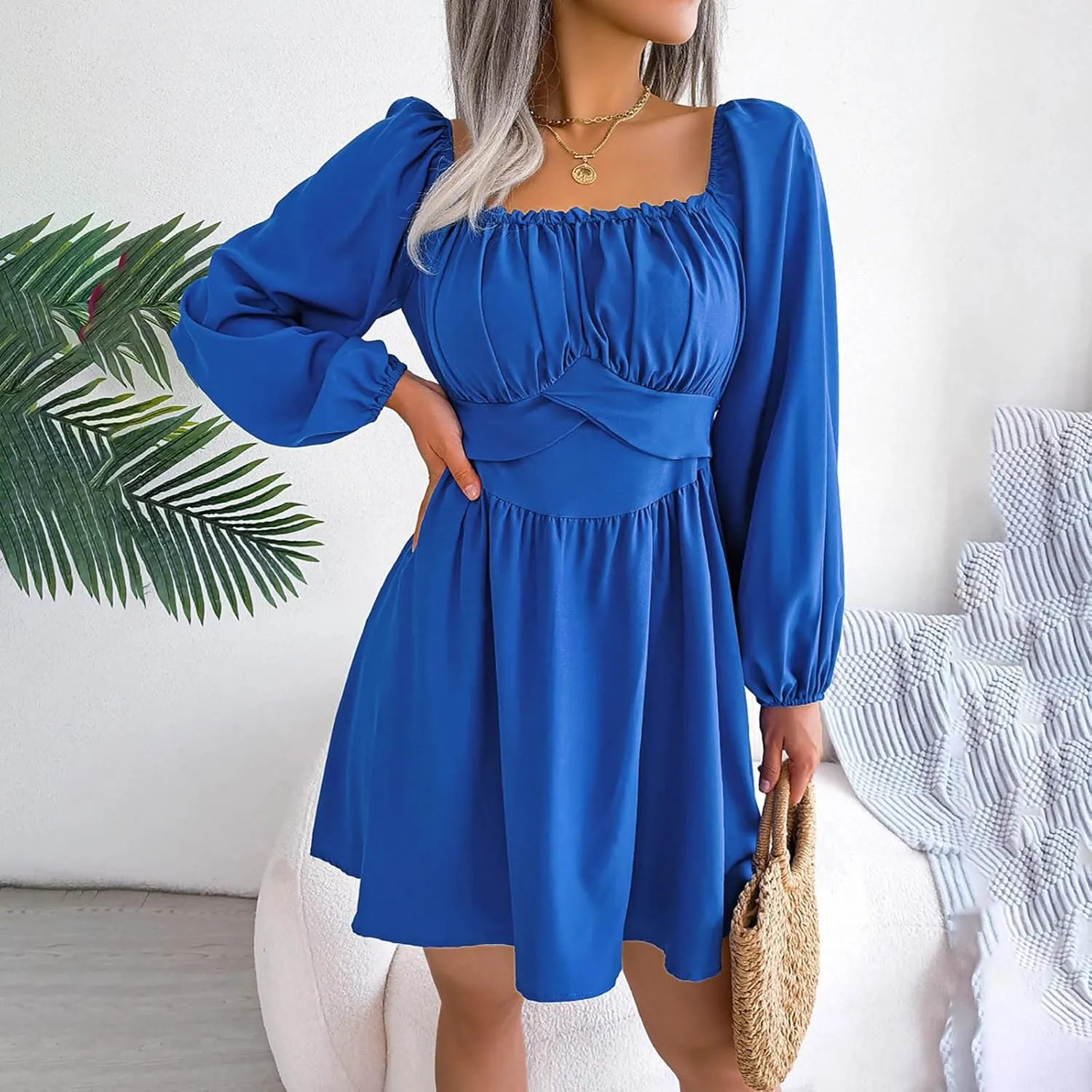 Boho Dresses for Women 2024 Women's midi Dresses with Sleeves Casual Square Neck Shift Dress Flowy Swing Dress