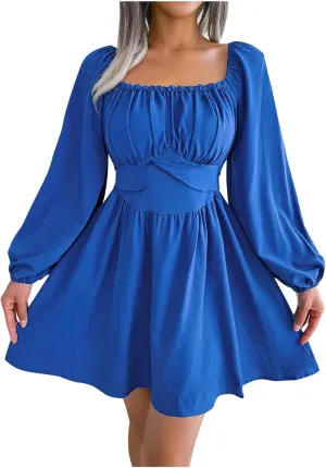 Boho Dresses for Women 2024 Women's midi Dresses with Sleeves Casual Square Neck Shift Dress Flowy Swing Dress