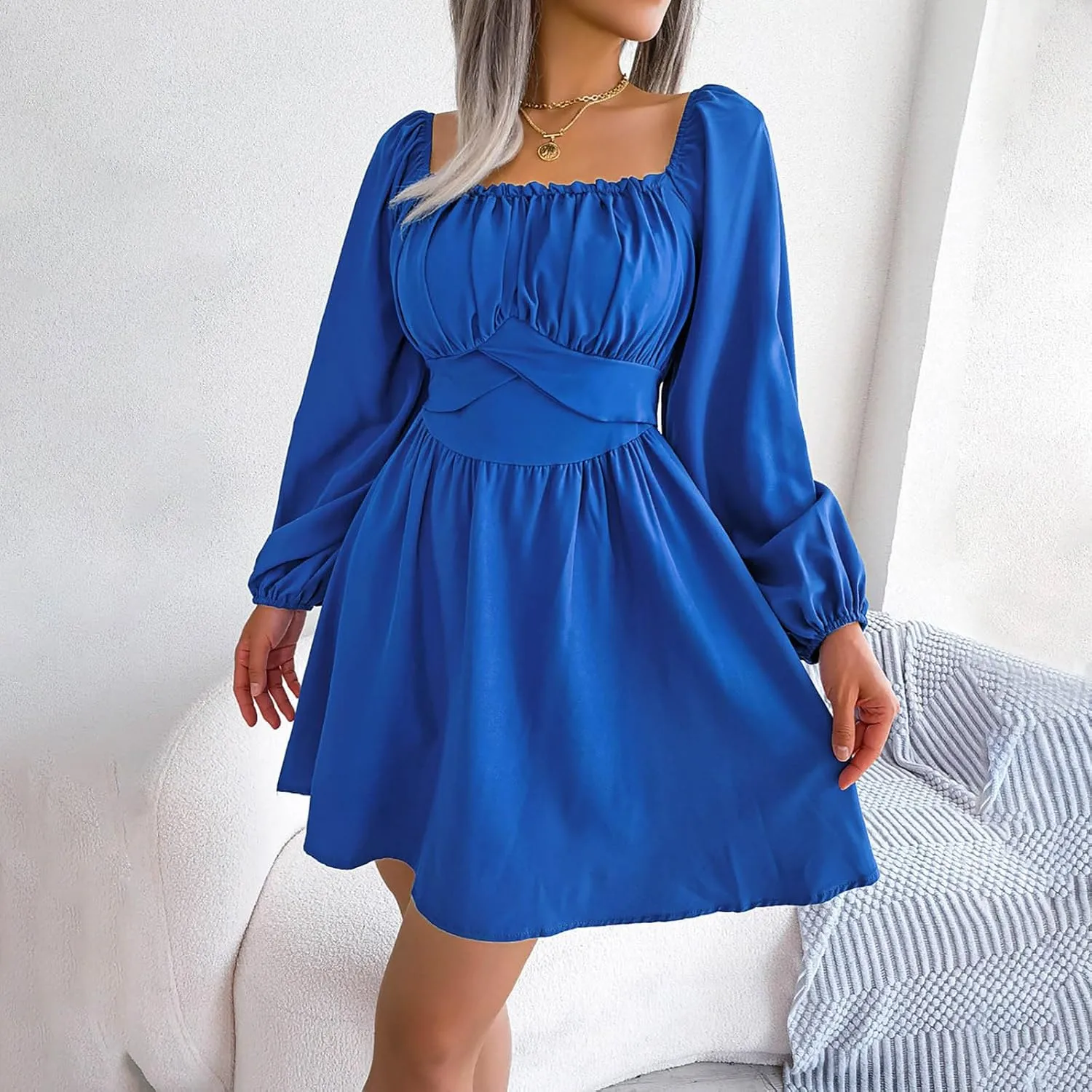 Boho Dresses for Women 2024 Women's midi Dresses with Sleeves Casual Square Neck Shift Dress Flowy Swing Dress