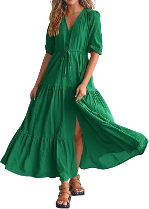 Boho Dresses for Women Short Sleeves V Neck Button Drawstring Slit Maxi Dresses Loose Tiered Swing Flowy Long Dress