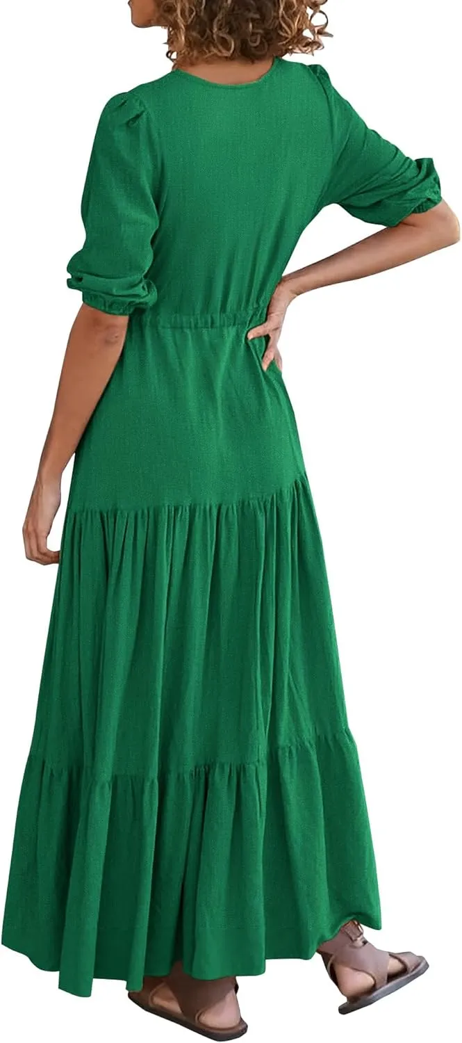 Boho Dresses for Women Short Sleeves V Neck Button Drawstring Slit Maxi Dresses Loose Tiered Swing Flowy Long Dress