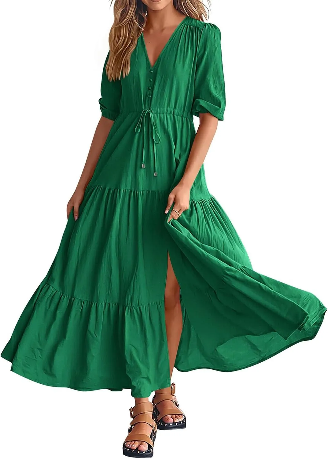 Boho Dresses for Women Short Sleeves V Neck Button Drawstring Slit Maxi Dresses Loose Tiered Swing Flowy Long Dress