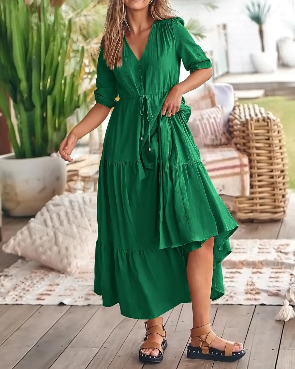 Boho Dresses for Women Short Sleeves V Neck Button Drawstring Slit Maxi Dresses Loose Tiered Swing Flowy Long Dress