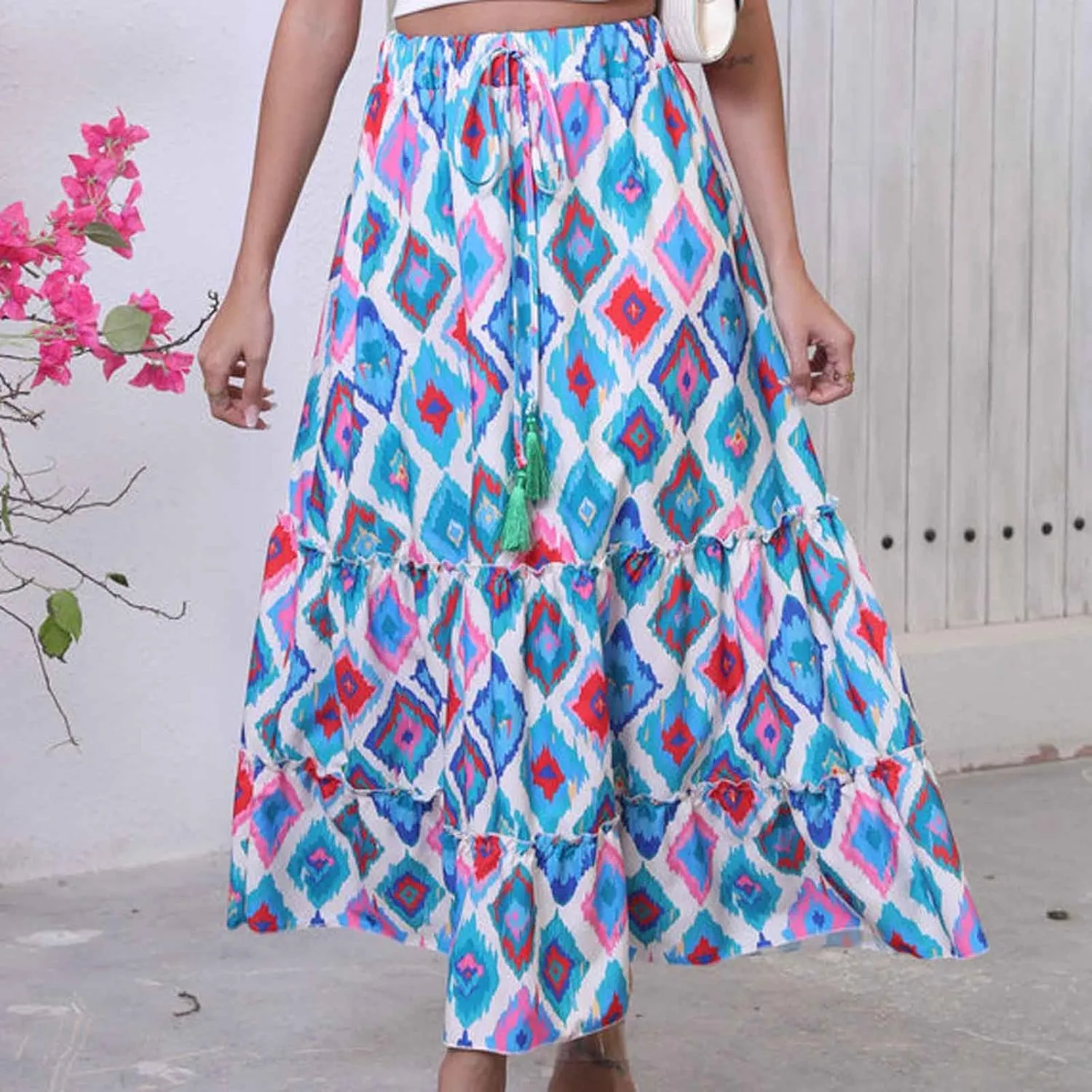 Boho Floral Print Maxi Skirt for Women Trendy 2025 Summer Elastic High Waisted Loose Ruffle Tiered Swing Beach Skirts