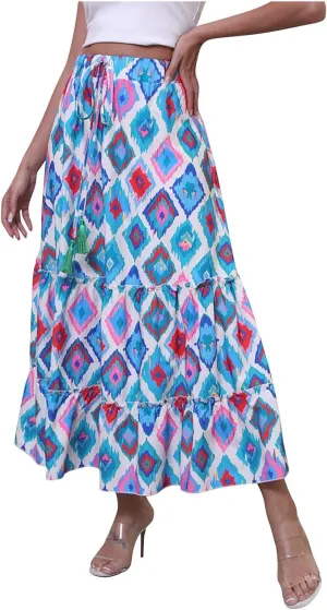 Boho Floral Print Maxi Skirt for Women Trendy 2025 Summer Elastic High Waisted Loose Ruffle Tiered Swing Beach Skirts