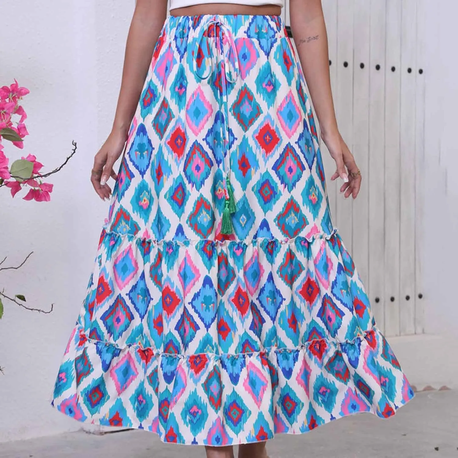 Boho Floral Print Maxi Skirt for Women Trendy 2025 Summer Elastic High Waisted Loose Ruffle Tiered Swing Beach Skirts