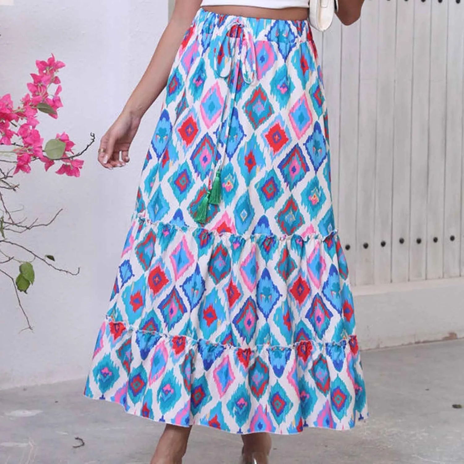 Boho Floral Print Maxi Skirt for Women Trendy 2025 Summer Elastic High Waisted Loose Ruffle Tiered Swing Beach Skirts