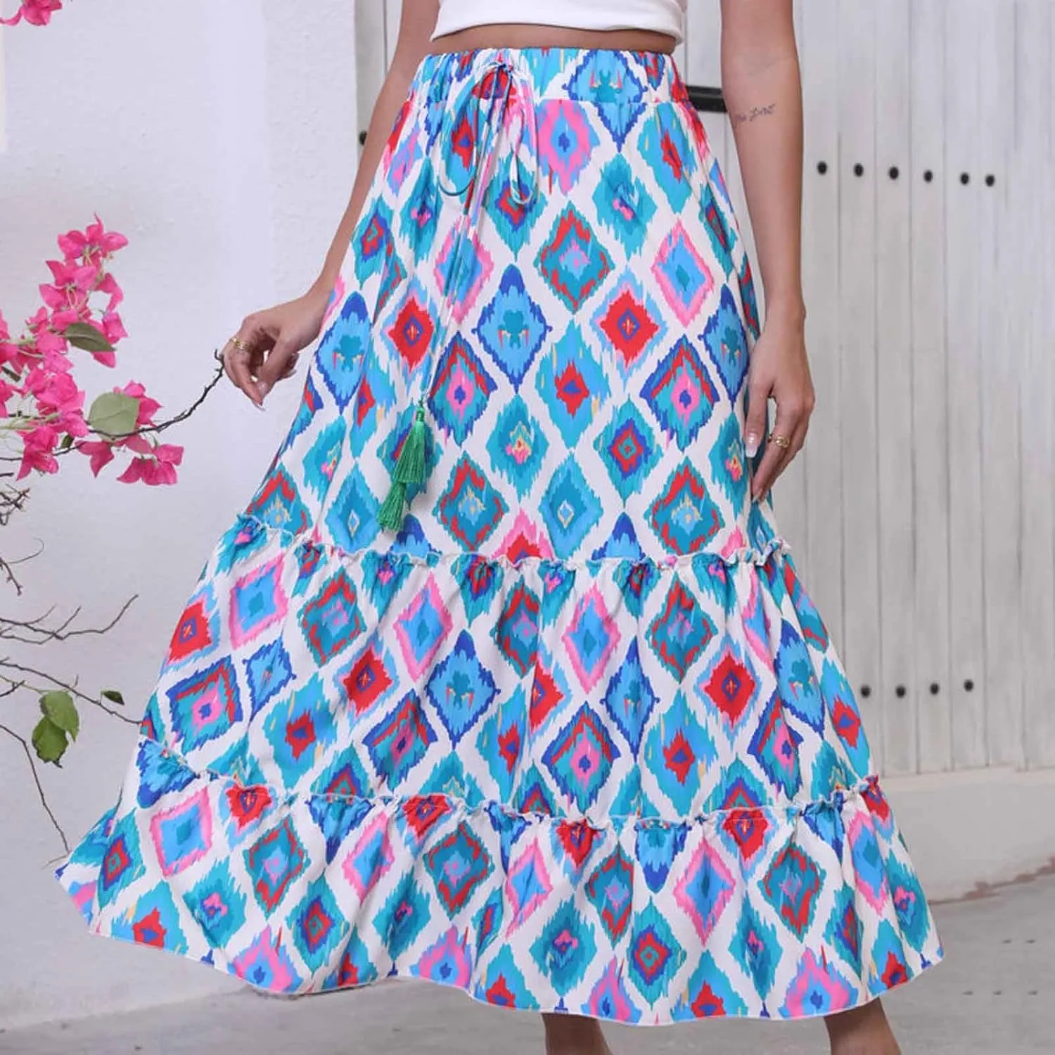 Boho Floral Print Maxi Skirt for Women Trendy 2025 Summer Elastic High Waisted Loose Ruffle Tiered Swing Beach Skirts