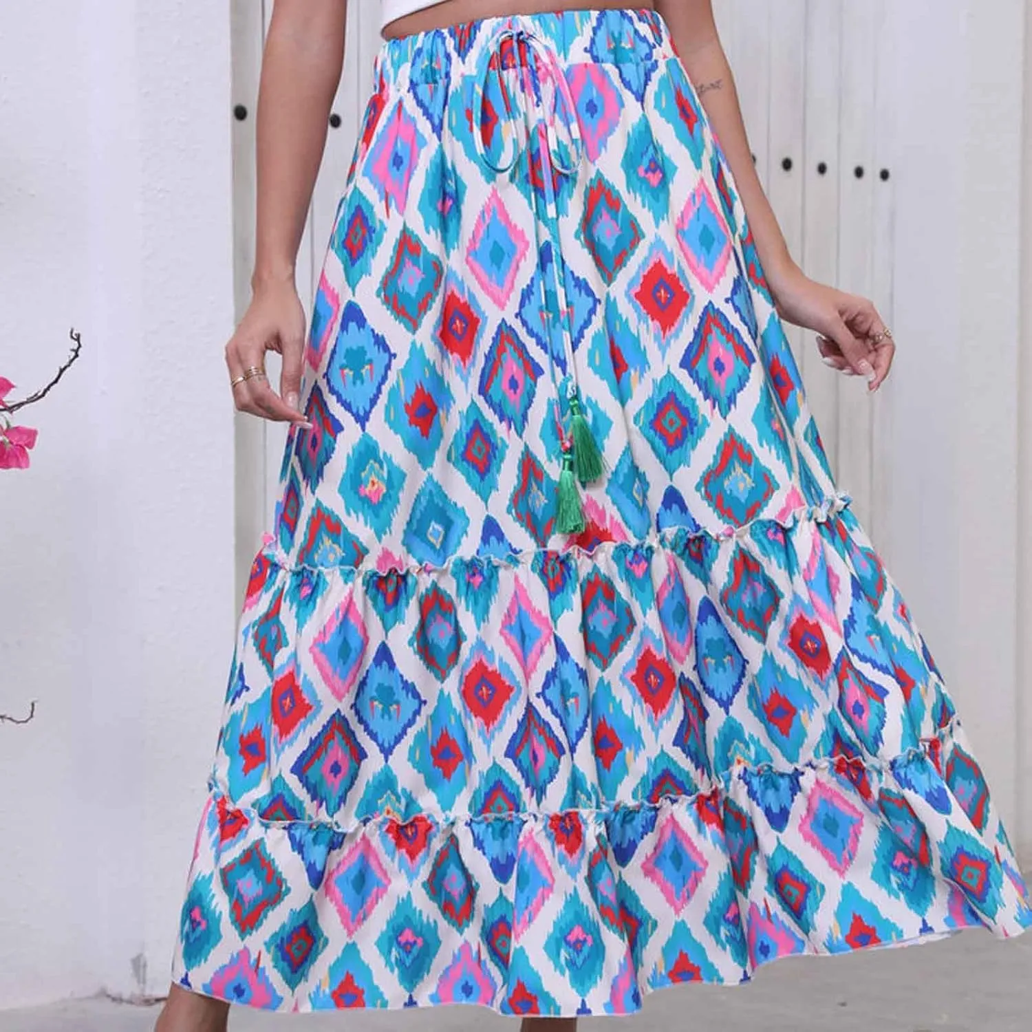 Boho Floral Print Maxi Skirt for Women Trendy 2025 Summer Elastic High Waisted Loose Ruffle Tiered Swing Beach Skirts