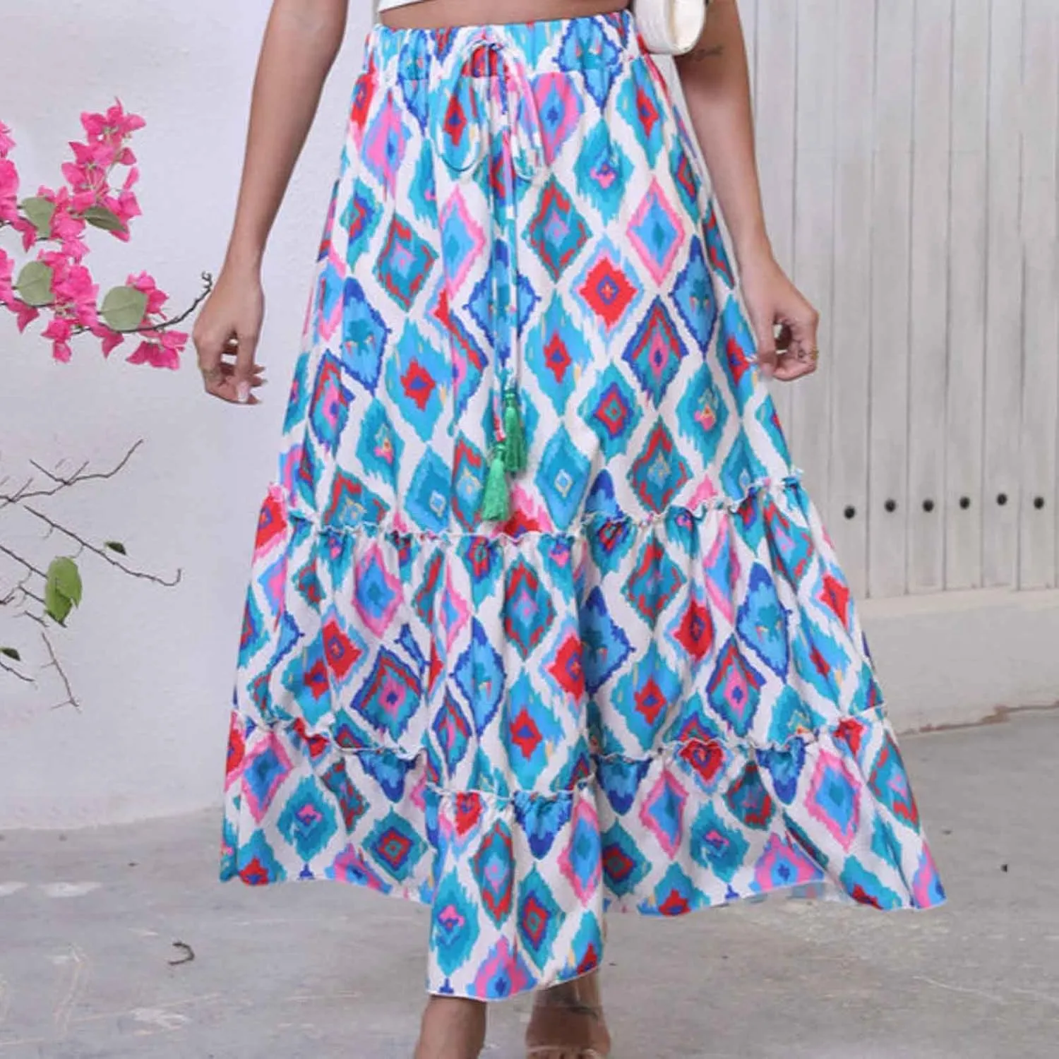 Boho Floral Print Maxi Skirt for Women Trendy 2025 Summer Elastic High Waisted Loose Ruffle Tiered Swing Beach Skirts